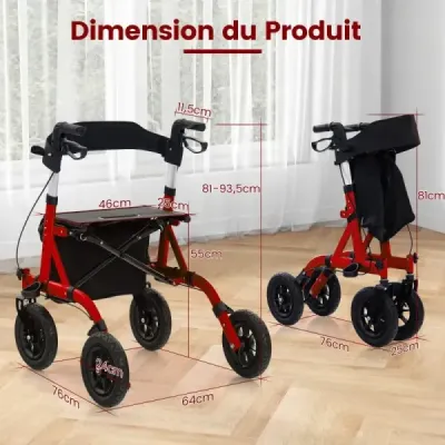 Rollator skládací a lehký se sedadlem hliníkový do 160 kg 2 v 1 invalidní vozík a cestovní rollator červený