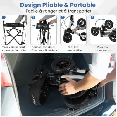 Rollator s pneumatikami skládací a lehký se sedadlem hliníkový do 140 kg 2 v 1 invalidní vozík stříbrný