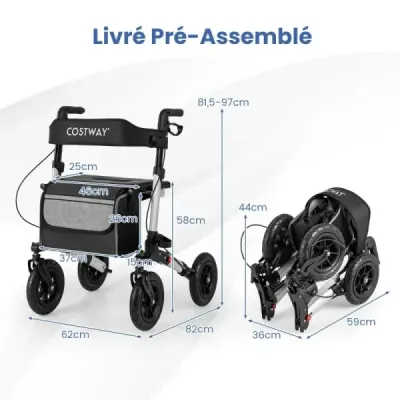 Rollator s pneumatikami skládací a lehký se sedadlem hliníkový do 140 kg 2 v 1 invalidní vozík stříbrný