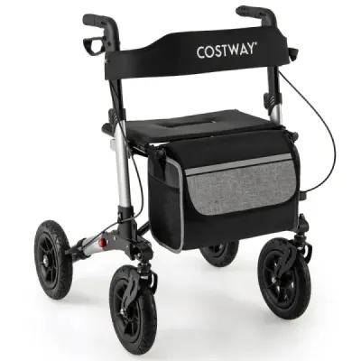 Rollator s pneumatikami skládací a lehký se sedadlem hliníkový do 140 kg 2 v 1 invalidní vozík stříbrný