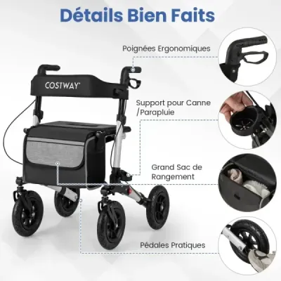Rollator s pneumatikami skládací a lehký se sedadlem hliníkový do 140 kg 2 v 1 invalidní vozík stříbrný