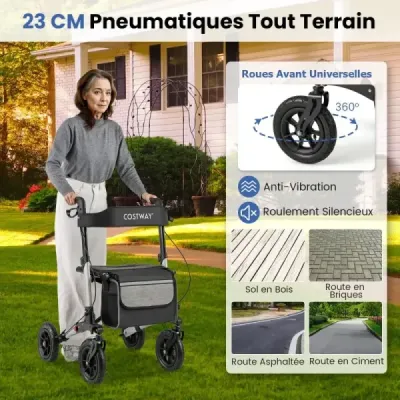 Rollator s pneumatikami skládací a lehký se sedadlem hliníkový do 140 kg 2 v 1 invalidní vozík stříbrný