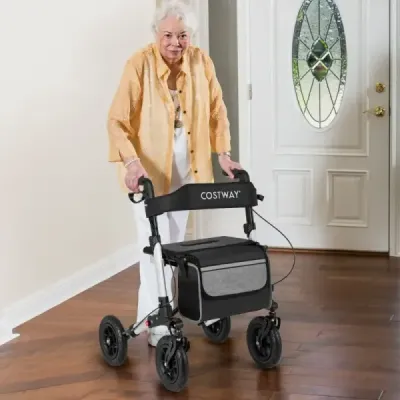Rollator s pneumatikami skládací a lehký se sedadlem hliníkový do 140 kg 2 v 1 invalidní vozík stříbrný