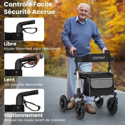 Rollator s pneumatikami skládací a lehký se sedadlem hliníkový do 140 kg 2 v 1 invalidní vozík stříbrný