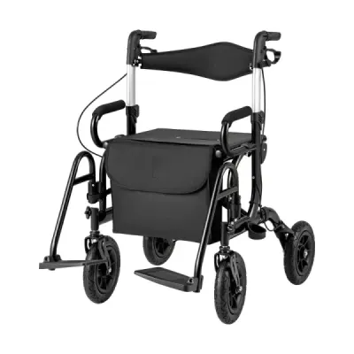 Rollator s pneumatikami skládací a lehký se sedadlem 2 v 1 invalidní vozík a cestovní rollator černý