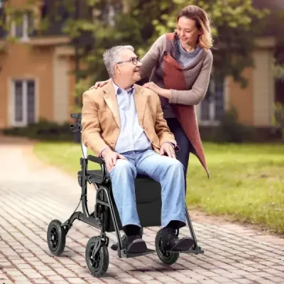 Rollator s pneumatikami skládací a lehký se sedadlem 2 v 1 invalidní vozík a cestovní rollator černý