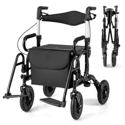 Rollator s pneumatikami skládací a lehký se sedadlem 2 v 1 invalidní vozík a cestovní rollator černý