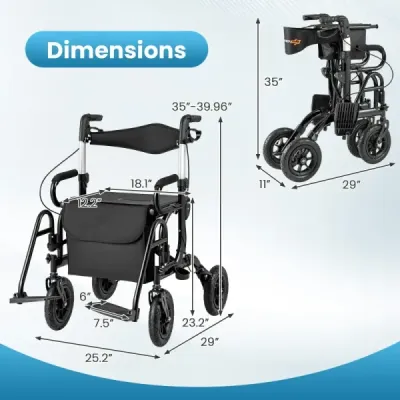 Rollator s pneumatikami skládací a lehký se sedadlem 2 v 1 invalidní vozík a cestovní rollator černý