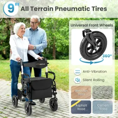 Rollator s pneumatikami skládací a lehký se sedadlem 2 v 1 invalidní vozík a cestovní rollator černý
