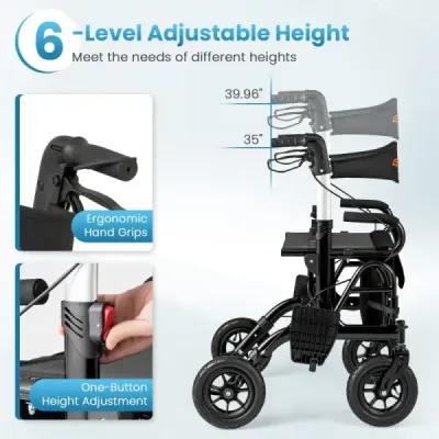 Rollator s pneumatikami skládací a lehký se sedadlem 2 v 1 invalidní vozík a cestovní rollator černý