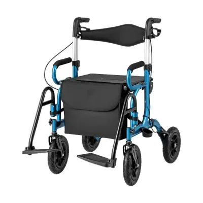 Rollator s pneumatikami skládací a lehký se sedadlem 2 v 1 invalidní vozík a cestovní rollator Modrá barva