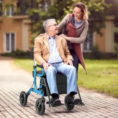 Rollator s pneumatikami skládací a lehký se sedadlem 2 v 1 invalidní vozík a cestovní rollator Modrá barva