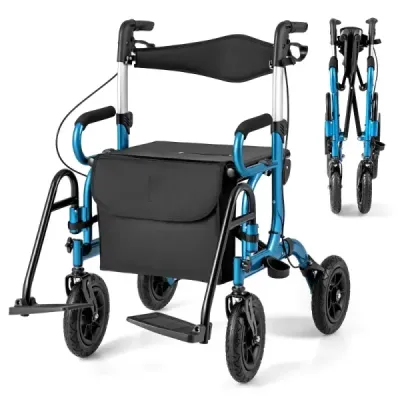 Rollator s pneumatikami skládací a lehký se sedadlem 2 v 1 invalidní vozík a cestovní rollator Modrá barva