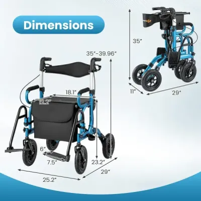 Rollator s pneumatikami skládací a lehký se sedadlem 2 v 1 invalidní vozík a cestovní rollator Modrá barva