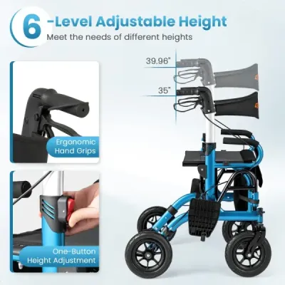 Rollator s pneumatikami skládací a lehký se sedadlem 2 v 1 invalidní vozík a cestovní rollator Modrá barva