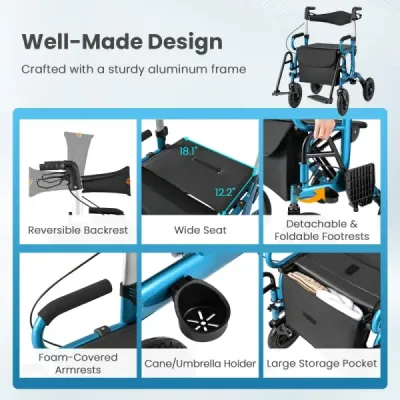 Rollator s pneumatikami skládací a lehký se sedadlem 2 v 1 invalidní vozík a cestovní rollator Modrá barva