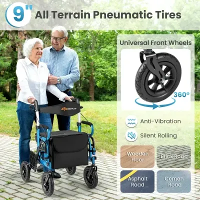 Rollator s pneumatikami skládací a lehký se sedadlem 2 v 1 invalidní vozík a cestovní rollator Modrá barva