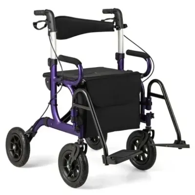 Rolák pro seniory se sedátkem Skládací kombinace rolátoru a invalidního vozíku 2 v 1 s 23 cm pneumatikami Fialový