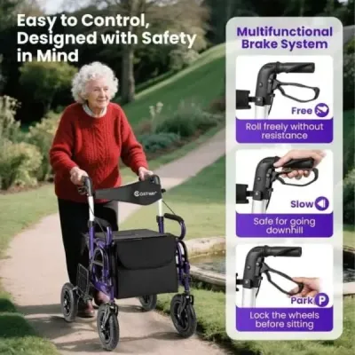 Rolák pro seniory se sedátkem Skládací kombinace rolátoru a invalidního vozíku 2 v 1 s 23 cm pneumatikami Fialový