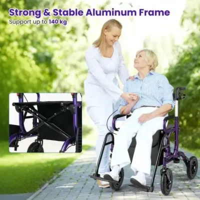 Rolák pro seniory se sedátkem Skládací kombinace rolátoru a invalidního vozíku 2 v 1 s 23 cm pneumatikami Fialový