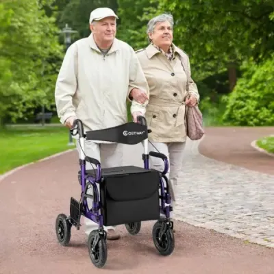 Rolák pro seniory se sedátkem Skládací kombinace rolátoru a invalidního vozíku 2 v 1 s 23 cm pneumatikami Fialový