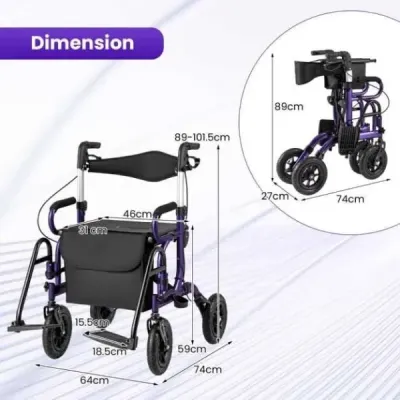 Rolák pro seniory se sedátkem Skládací kombinace rolátoru a invalidního vozíku 2 v 1 s 23 cm pneumatikami Fialový