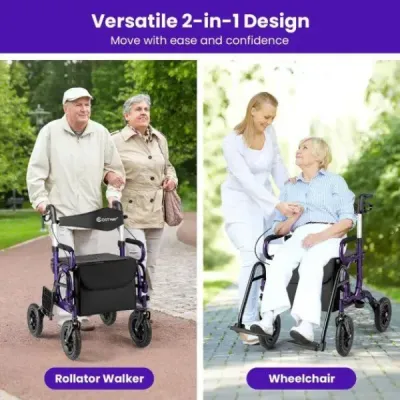 Rolák pro seniory se sedátkem Skládací kombinace rolátoru a invalidního vozíku 2 v 1 s 23 cm pneumatikami Fialový