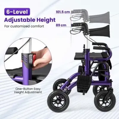 Rolák pro seniory se sedátkem Skládací kombinace rolátoru a invalidního vozíku 2 v 1 s 23 cm pneumatikami Fialový