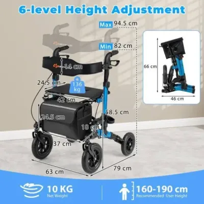 2 v 1 invalidní vozík a cestovní chodítko se sedátkem do 136 kg Skládací chodítko Hliníkové chodítko Modré
