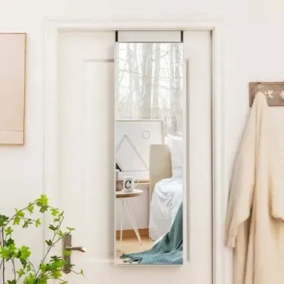 Nástěnné zrcadlo stříbrné 37 x 120 cm po celé délce s výškově nastavitelnými háčky na zavěšení