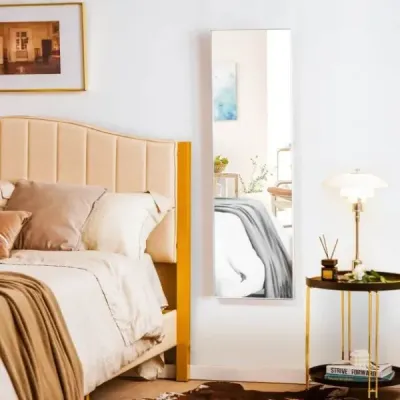 Nástěnné zrcadlo stříbrné 37 x 120 cm po celé délce s výškově nastavitelnými háčky na zavěšení