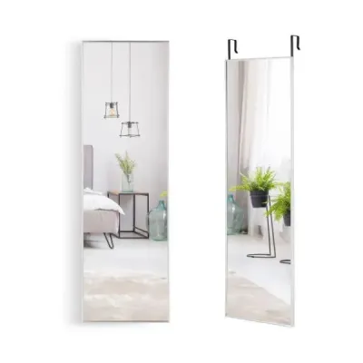 Nástěnné zrcadlo stříbrné 37 x 120 cm po celé délce s výškově nastavitelnými háčky na zavěšení