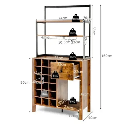 Kuchyňská skříňka 160 cm bufetová skříňka se stojanem na víno a šuplíkem 74 x 40 x 160 cm