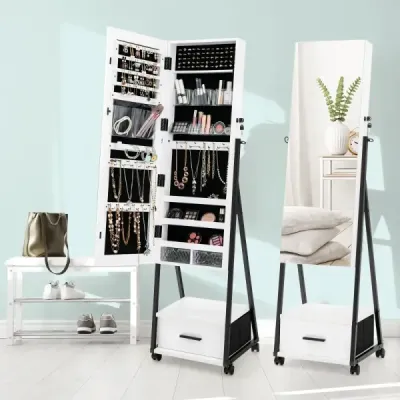 Zrcadlová skříňka na šperky a make-up se zrcadlem po celé délce 42 x 38 x 157 cm Bílá