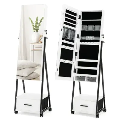 Zrcadlová skříňka na šperky a make-up se zrcadlem po celé délce 42 x 38 x 157 cm Bílá