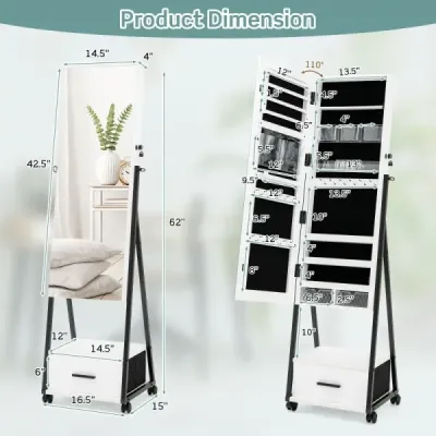 Zrcadlová skříňka na šperky a make-up se zrcadlem po celé délce 42 x 38 x 157 cm Bílá