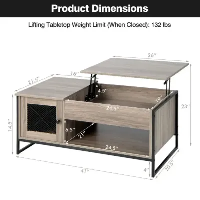 Couchtisch mit Hubplatte Mitteltisch mit Pneumatischer Hebevorrichtung 106 x 55 x 44,5 cm Grau