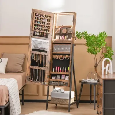 Skříňka na šperky se zrcadlem a 3-barevným LED osvětlením 41,5 x 37 x 157 cm Rustikální hnědá