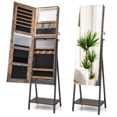 Skříňka na šperky se zrcadlem a 3-barevným LED osvětlením 41,5 x 37 x 157 cm Rustikální hnědá
