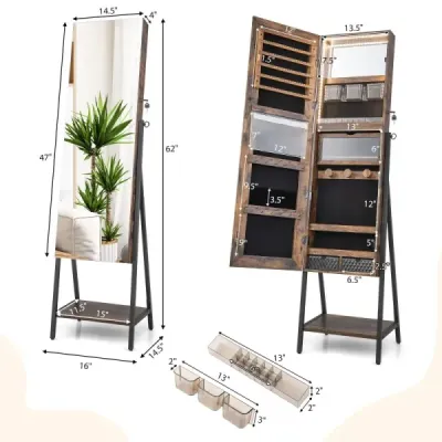Skříňka na šperky se zrcadlem a 3-barevným LED osvětlením 41,5 x 37 x 157 cm Rustikální hnědá
