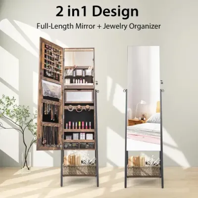 Skříňka na šperky se zrcadlem a 3-barevným LED osvětlením 41,5 x 37 x 157 cm Rustikální hnědá
