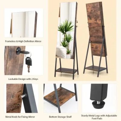 Skříňka na šperky se zrcadlem a 3-barevným LED osvětlením 41,5 x 37 x 157 cm Rustikální hnědá