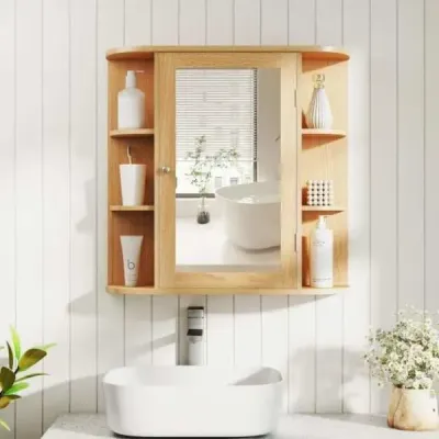 Zrcadlová skříňka do koupelny 4 přihrádky a 6 otevřených polic Koupelnová skříňka se zrcadlem 66 x 17 x 63 cm Přírodní barva