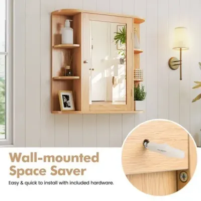 Zrcadlová skříňka do koupelny 4 přihrádky a 6 otevřených polic Koupelnová skříňka se zrcadlem 66 x 17 x 63 cm Přírodní barva