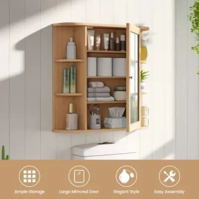 Zrcadlová skříňka do koupelny 4 přihrádky a 6 otevřených polic Koupelnová skříňka se zrcadlem 66 x 17 x 63 cm Přírodní barva