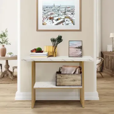 2-úrovňový konzolový stolek s mramorovým vzhledem 120 x 29,5 x 92,5 cm Bílá a zlatá
