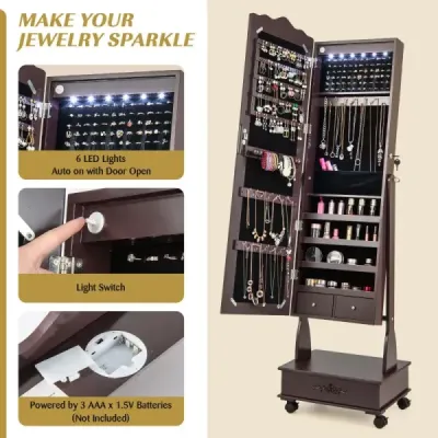 Skříňka na šperky Zrcadlová skříňka se zrcadlem a zásuvkami po celé délce a LED Brown