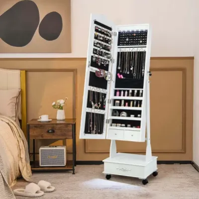 Zrcadlová skříňka na šperky s celoplošným zrcadlem a zásuvkami a bílou LED