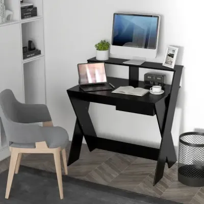 Počítačový stůl ve tvaru X se zásuvkou a stoupačkou na monitor černý