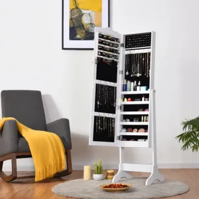 Uzamykatelná skříňka na šperky Stojanový design s nastavitelným úhlem se zrcadlem po celé délce 45 x 37 x 160 cm Bílá